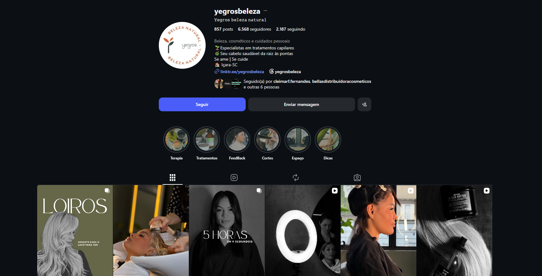 Perfil do Instagram @yegrosbeleza com 6.568 seguidores e 857 publicações